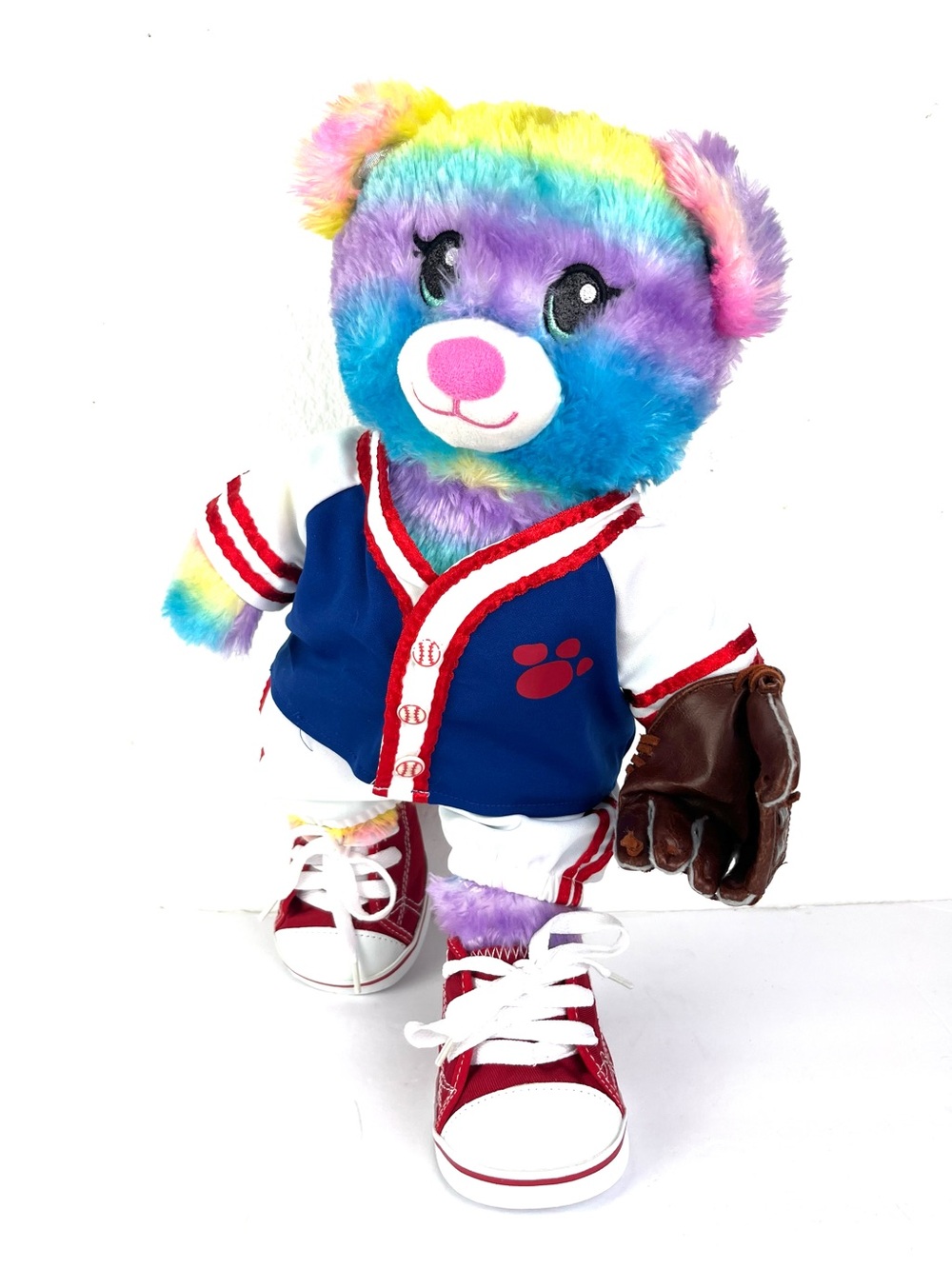 Build A Bear Plush Rainbow Bear Glove Hightop Red Sneakers Softball